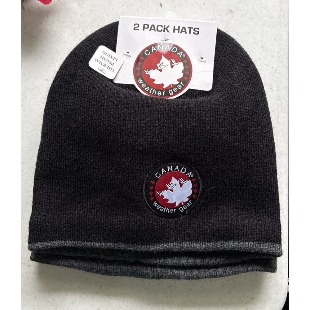 NWT 2-Pack Canada Weather Gear Knit Beanie Hat Thermal Plush Lining Black